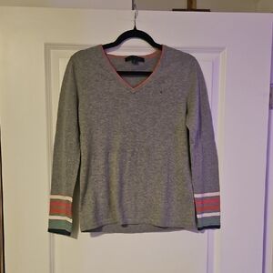Tommy Hilfiger Gray V-Neck Sweater with Multicolor Stripes